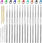 SUVSOON 0.5-1.9mm Crochet Hooks, 14 Sizes Iron Ergonomic Crochet Hooks Set with Big Eye Yarn Needle and Stitch Markers Clip Extra Long Crochet Needles for Lace Craft Knitting Beginners