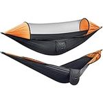 G4Free Large Camping Hammock with Mosquito Net 2 Person Pop-up Parachute Lightweight Hanging Hammocks Tree Straps Swing Hammock Bed for Outdoor Backpacking Backyard Hiking (Black/Orange)