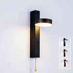 Sarikom Led Wall Light 9W Tricolor Selectable with Pull Cord Switch 360° Rotatable Indoor Led Wall Lighting Fixture for Living Room Bedroom Kitchen Black