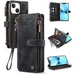 Vofolen for iPhone 13 Case Wallet Case with Card Holder Slots Leather Case Flip Stand Case Wristlet Zipper Magnetic Closure Shockproof Protective Case Cover for iPhone 13 Phone Case-Black