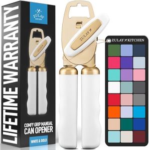 Zulay Kitchen Heavy Duty Stainless Steel Can Opener Manual with Bottle Opener - Rust Proof Manual Can Opener With Turn Knob & Comfy Soft Grip Handles - White & Gold