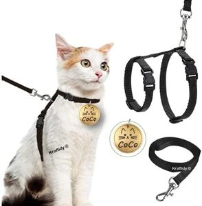 Kraftidy cat Harness with Leash and Name tag id Customized for Kitten Small Medium Big Adult Cats pet Adjustable Body Harness with Leash Belt Combo (with Personalized Cat Name) (Black)