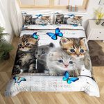 feelingyou Kawaii Cats Comforter Cover,Blue Butterfly Animal Duvet Cover for Girls Teens Decorative Bedroom,Cute Baby Cat Board Polyester Quilt Cover with 2 Pillowcases, Double Size