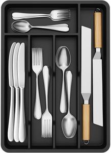 Lifewit Silverware Tray, Deep Wide Cutlery Drawer Organizer Storage for Kitchen, Plastic Flatware Utensil Holder Divider for Spoons Forks Knives Tableware, 5 Compartment, Black
