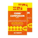 HRI Clear Complexion Tablets. Natural Active Herbs to Relieve Mild Skin Conditions - Mild Acne, Spots, Pimples, Blemishes. 2 Packs - 120 Tablets