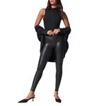 Spanx Faux Leather Leggings - Tummy Control Legging - with Contoured Power Waistband Stomach Compression - High Waist - Black - Tall 32" Inseam - Large