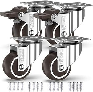 GBL 2" Heavy Duty Caster Wheels with 2 Brakes + Screws - up to 440Lbs - Set of 4 No Floor Marks Silent Castor for Furniture - Rubbered Trolley or Pallet Swivel Wheels - Silver Casters