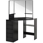 HOMCOM Corner Vanity Table, Makeup Desk with 3-Piece Mirror and 5 Drawers, Black