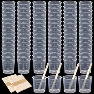 100 Pack 60ml/2oz Plastic Graduated Cups Transparent Scale Cups Plastic Measuring Cups Clear Epoxy Mixing Cups with 100 Pack Wooden Stirring Sticks for Resin, Epoxy, Stain, Mixing Paint (60ml)