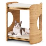 Tangkula Elevated Cat Bed for Indoor Cats, 2-Tier Cute Small Cat Tree Tower with Natural Bamboo Frame, Removable & Washable Soft Plush Mats, Cat Holes, Farmhouse Pet Furniture