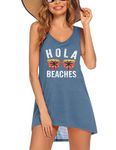 Ekouaer Swimsuit Cover Ups for Women Bathing Suit Coverups T-Shirt Dress Baggy V-Neck Swimwear Sea Blue Medium