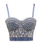 bslingerie Women Rhinestone Denim Push Up Bustier Corset Crop Top, Blue Denim, S