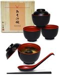 APEX S.K. Miso Soup Bowls and Spoons Set Japanese Soup Bowls with Lids, Melamine, 4x Miso Bowls Lids Chopsticks Spoons Japanese Bowl Set Miso Asian Soups Japanese Soup Spoon Bowl Set in Red