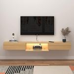 Pmnianhua Floating TV Stand with LED Lights, Wall Mounted TV Cabinet with Glass Door and 2 Drawers, Wooden Entertainment Media Console Center Large Storage Shelf Under TV (160cm, Oak)