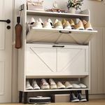 HOMEFORT Shoe Storage Cabinet for Entryway, Slim Shoe Organizer with Two Flip Drawers, Narrow Shoe Rack Cabinet with Wood Legs, Farmhouse Hidden Shoe Cabinet for Front Door Entrance,Antique White