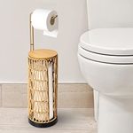 Free Standing Toilet Roll Holder with Shelf, Bathroom Toilet Paper Holder, Handmade Rattan Toilet Tissue Holder, Toilet Roll Stand Storage Dispenser Holds 4 Paper Rolls,Boho Black Bathroom Accessories