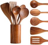 Healthy Cooking Utensils Set Wooden Cooking Tools and storage wooden barrel- Natural Nonstick Hard Wood Spatula and Spoons - Durable Eco-friendly and Safe Kitchen Cooking spoon (set of 6)