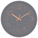 Foxtop Silent Non-Ticking Round Modern Quartz Decorative Battery Operated Wall Clock for Living Room Bedroom Kids Room Office School (Grey Rose Gold, 12 inch)