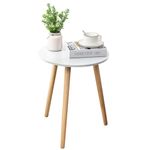 Apicizon Round Side Table, White Bedside Table Coffee End Table for Bedroom, Living Room, Small Spaces, Easy Assembly Nightstands Table with Natural Wood Legs, 16.5 x 20.5 Inches