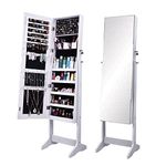 soges Free Standing Jewelry Cabinet with Full Length Mirror, Lockable Jewelry Armoire Organizer, Adjustable Large Mirror Cabinet jewelry Organizers, White, QH-6150-CA