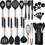 Silicone Cooking Utensil Set, Fungun 24pcs Silicone Cooking Kitchen Utensils Set, Non-Stick Heat Resistant - Best Kitchen Cookware with Copper Stainless Steel Handle - Black(Large, Non Toxic)