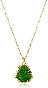 COLORFUL BLING 18k Gold Plated Laughing Buddha Pendant Necklace Green Jade Cubic Zirconia Gemstone Lucky Amulet Jewelry for Women Men, Stainless Steel, Jade Stone, gemstone