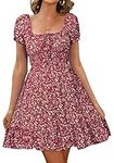 Livonmone Womens Summer Casual Sweetheart Neckline Puff Sleeve Floral Print High Waist Dress Boho Beach Mini Short Dresses (Wine Red, L)