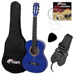 TIGER CLG4 Left Handed 3/4 Size Childrens Classical Guitar Pack – Three Quarter Size Spanish Guitar Package with Bag, Spare Strings, Strap and Pick, Ideal for Ages 9 – 11 Years – Blue