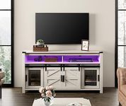 WAMPAT LED White TV Stand for 65+ Inches TVs, 31" Tall Highboy Farmhouse Entertainment Center with Rustic Mesh & Sliding Barn Doors, Media Console Table with 16-Color Adjustable Lights for Living Room