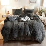 XeGe Plush Shaggy Duvet Cover Set, Luxury Ultra Soft Crystal Velvet Fluffy Bedding Sets 3 Pieces(1 Furry Faux Fur Comforter Cover + 2 Fuzzy Faux Fur Pillowcases), Zipper Closure(King, Dark Gray)