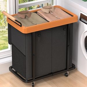 50 Gal (190L) Laundry Hamper 2 Section with Lid,Leather Patchwork Laundry Basket with Rolling Lockable Wheels and Wooden Handle,Clothes Hamper Cart with Sturdy Metal Frame for Laundry Room - Black