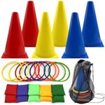 26Pcs Bean Bags Kids Throwing Set,3 In 1 Ring Toss Carnival Game Set with 4 inch Bean Bags Plastic Cones Throwing Rings for Kids Children Outdoor Games Adults Family Outdoor Indoor Sports Activity