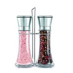 Salt and Pepper Mill Set with Stainless Stand, Adjustable Coarseness Refillable Salt and Pepper Grinder Set of 2, Ceramic Grinding Core and Durable Glass (High)