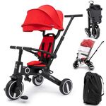 FYLO Xplor Kids Trike Foldable Compact Portable Tricycle Toddler With Parent Handles Includes Travel Bag Raincover Ages 18m - 5y - Fire Red