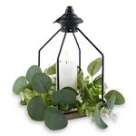 Rhytsing Wedding Table Centerpiece, 25cm Decorative Lantern with White Flameless LED Candle and Eucalyptus Leaves Candle Ring, Battery Metal Hanging Lantern with Timer for Spring and Summer