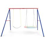 COSTWAY Metal Swing Frame for 2 Swings, A-Frame Swings Stand with Ground Stakes, Carabiners & Foot Caps, Frame Only (Red+Navy)
