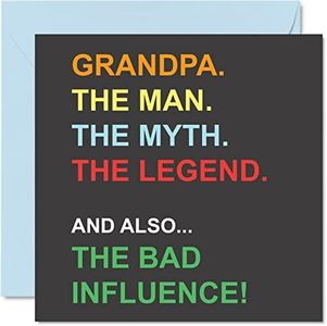 Funny Birthday Cards for Grandpa - Man Myth Legend Bad Influence - Joke Happy Birthday Card from Grandson Granddaughter, Banter Gifts, 145mm x 145mm Father's Greeting Cards for Grandad Gramps