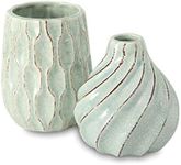 Geometric Swirl Textured Pale Pastel Green Vases, Set of 2, Suffused Green Crackle Glaze, Stoneware, 5.5 Inches Each, Modern Home Design