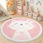 Kids Round Rug, 4 Ft Cute Nursery Rug for Baby Boys Girls Washable Area Rugs Play Mat Floor Carpet Non Slip Soft Pink Cat Rugs for Living Room Bedroom Playroom Bathroom Classroom Office Kids Room