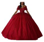 Asulla Off Shoulder Lace Sequins Quinceanera Prom Dress Long Sweet 15 16 Formal Evening Ball Gowns Puffy, Wine Red, 0