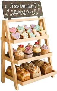 HOTCAN Foldable Wooden Cookie Display Stand for Bakers, Vendors, Market Booth, and Craft Fair | 3 Tiered Cupcake Dessert Stand with Chalkboard Sign Ideal for Donuts, Cakes, Muffins & Pastries(Natural)