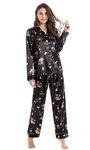 TONY AND CANDICE Women's Classic Satin Pajama Set Sleepwear Loungewear (Black with Flower Pattern, Small)