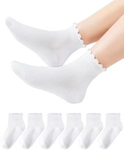HONGTEYA Girls White Ruffle Socks School Dress Uniform Lace Cotton Socks for Kids Frilly Ankle 6 Pairs Size 2-14 Years (US, Age, 4 Years, 6 Years, White)