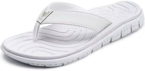 KuaiLu Women's Arch Support Flip Flops Ladies Comfortable Cushion Summer Beach Slip on Thong Sandals Open Toe Comfort Non-Slip Casual Leather Sandles All White Size 8.5