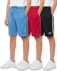Reebok 3 Pack: Boys' Dry Fit Athletic Shorts w/Side Taping - Active Quick Dry Running Basketball Soccer Short for Kids Teens- Set 5, M, (8-10)
