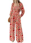 Dokotoo Womens Pink Plus Size Jumpsuits for Women Overalls Loose Casual Wide Leg One Piece Long Sleeve Boho Printed Jumpsuit 2024 Fashion Long Pant Rompers with Pockets Fall Clothes Trendy X-Large