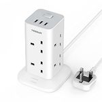 Tower Extension Lead with 3 USB Slots, TESSAN 8 Way Multi Plug Extension Tower, Surge Protection Extension Cord with Switch, Plug Socket Tower Power Strip with 2M Cable for Home, School Supplies