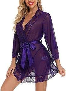 RSLOVE Women Lace Kimono Robe Babydoll Chemise Lingerie Bride Robe for Wedding Party Purple XXL