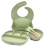 Skylarq Premium Silicone Baby Feeding Set - Suction Plate Baby, Suction Bowl, Baby Bibs & Spoon Fork Set - Baby Plates with Suction, 100% BPA Free, Silicone Baby Plates and Bowls Set (Olive Green)