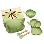 BABYHOP Silicone Baby & Infant Feeding Set (5 Pcs Pack - Bib, Spoon, Fork, Bowl, Plate) Suction Bowl, Divided Plate, Adjustable Bib, Soft Spoon & Fork -Training Eating Utensils (Green)